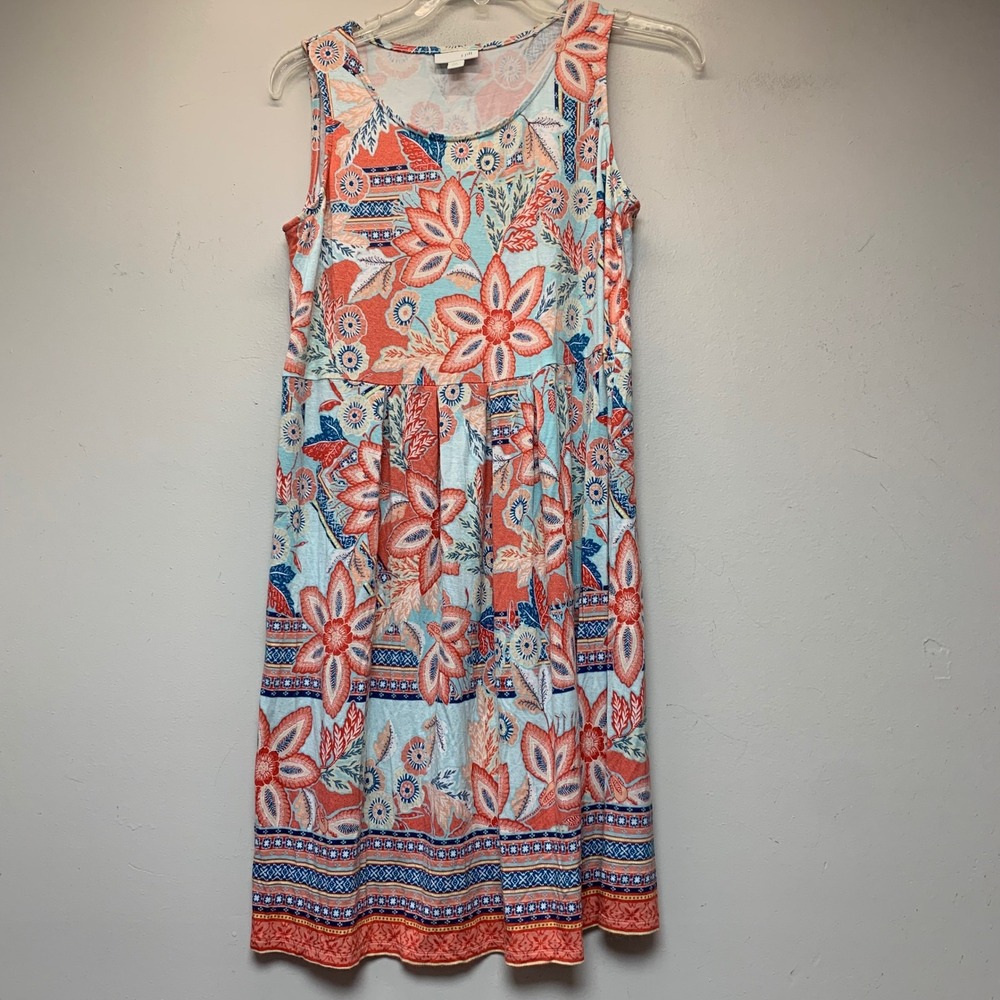 J. Jill Sleeveless Knit Dress Womens XS Petite Coral Blue Floral Excellent Boho